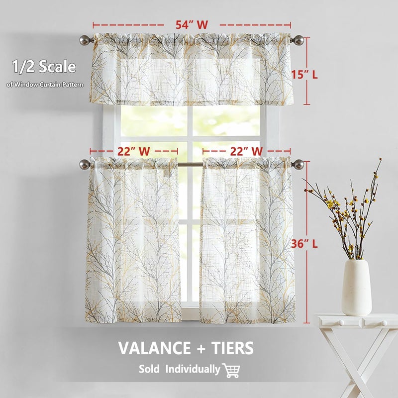 FMFUNCTEX Window Valance Curtains Yellow Grey Tree Branch Print on Semi Sheer White Short Valance for Kitchen Bathroom Rod Pocket Window Treatment 1 Panel, 50 x 15 Inches - Image 2